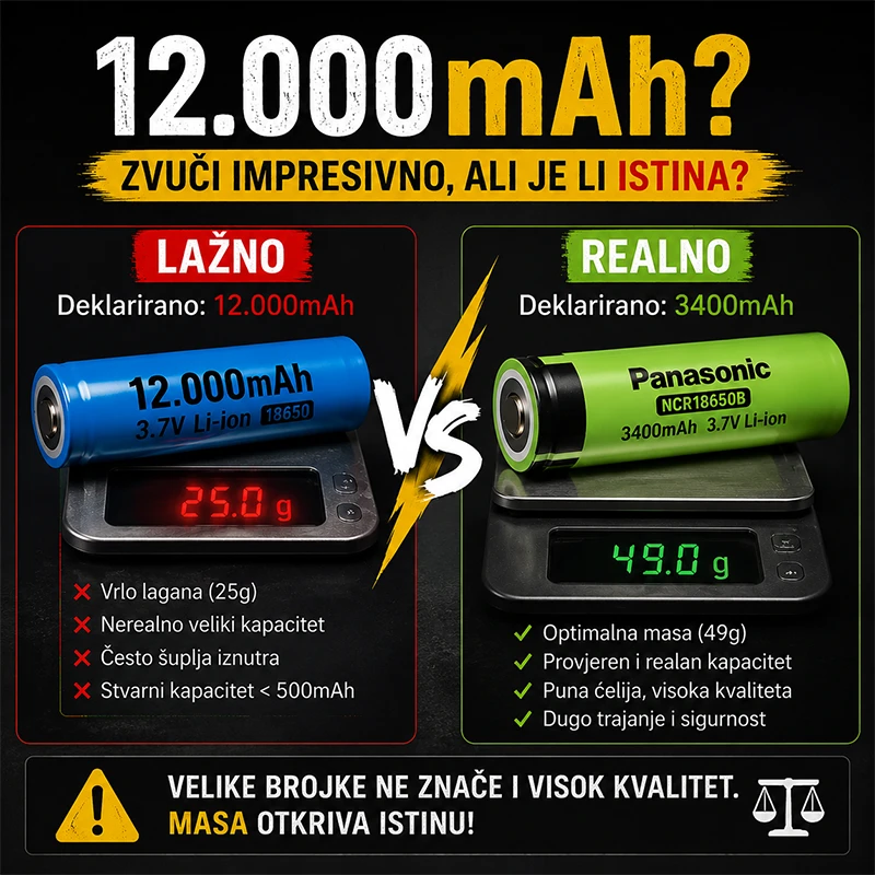 Usporedba mase lažno deklarirane 12000mAh baterije i originalne 18650 Li-ion baterije na digitalnoj vagi